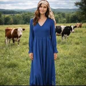 Orange Creek navy Swiss dot long sleeve smocked Bust flowy long Maxi dress sz M